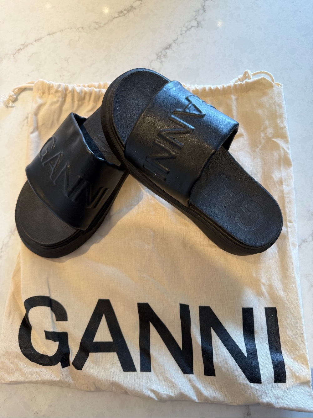 Ganni Black Embossed Logo Platform Slides